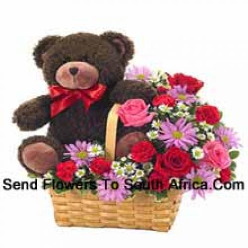 Assorted Flower Basket with 14 Inch Teddy