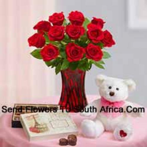 12 Beautiful Red Roses with Teddy and Chocolates