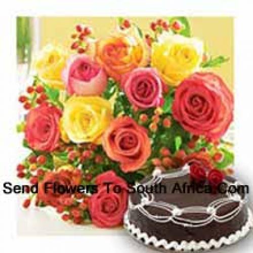 12 Mixed Roses with Yummy Chocolate Cake