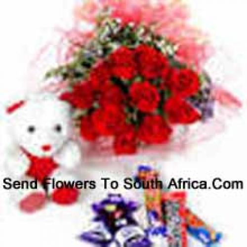 12 Red Roses with White Teddy and Chocolates