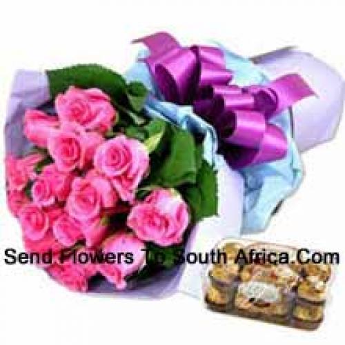 12 Pink Roses mit leckeren 16 Stk. Ferrero Rochers