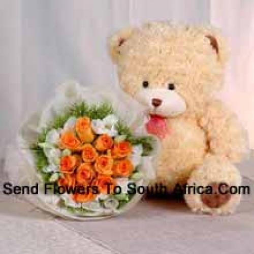 12 Orange Roses with Cute Teddy Bear