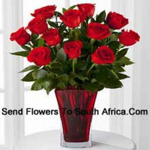 12 Hot Red Roses in Vase