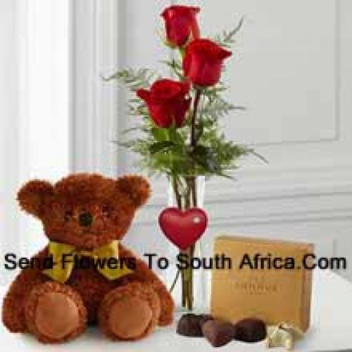 3 Red Roses with Teddy and Chocolates