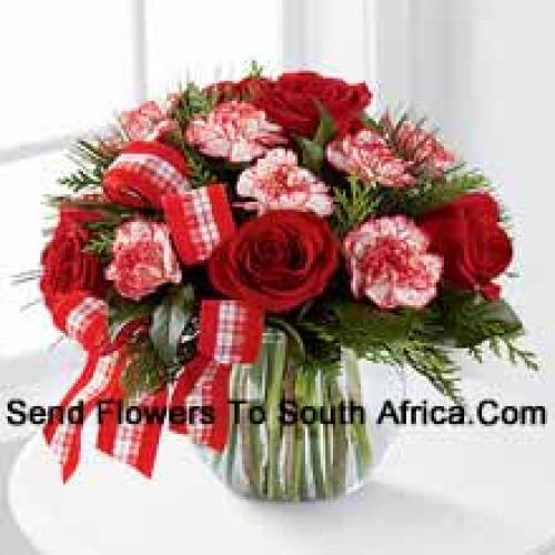 Roses and Carnations with Greens in Vase